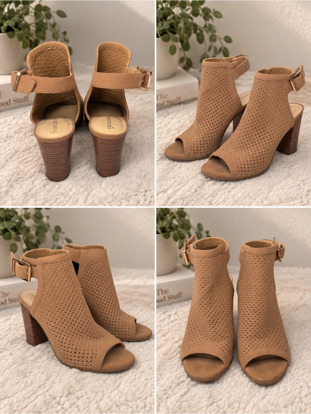 Francesca’s Tan Perforated Peep Toe Block Heel Sandals – Size 7